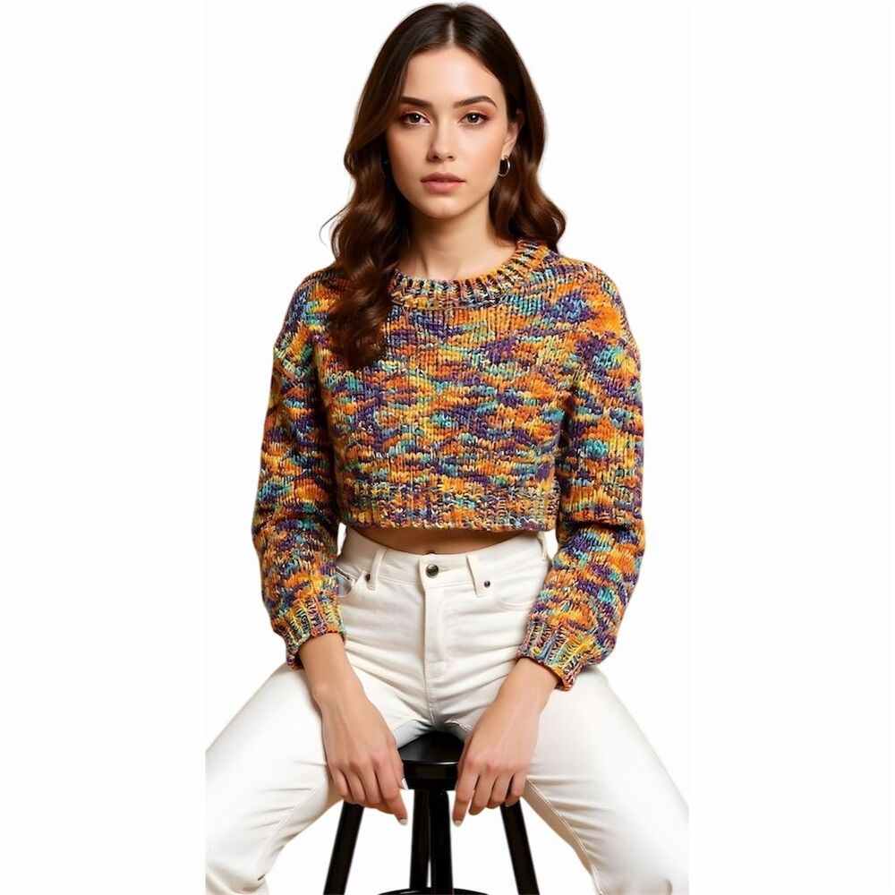 Storia Women's Multicolor Knit Crop Sweater Size S Long Sleeve Pullover - Picture 2 of 5